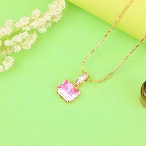 "Chic Pink Emerald Cut Pendant with Baguette Bail in Rose Gold Tone, XPPT1780 - Picture 3 of 13